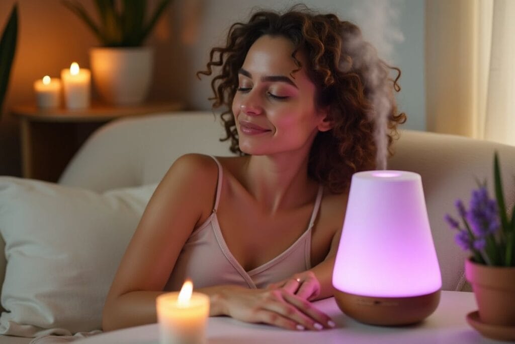 Mulher usando difusor de aromaterapia com óleo essencial de lavanda para relaxar.