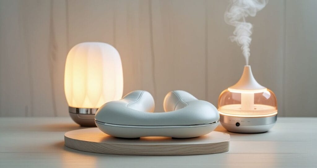 Um conjunto de gadgets para reduzir o estresse, incluindo um massageador portátil, uma luminária terapêutica e um difusor de aromaterapia.