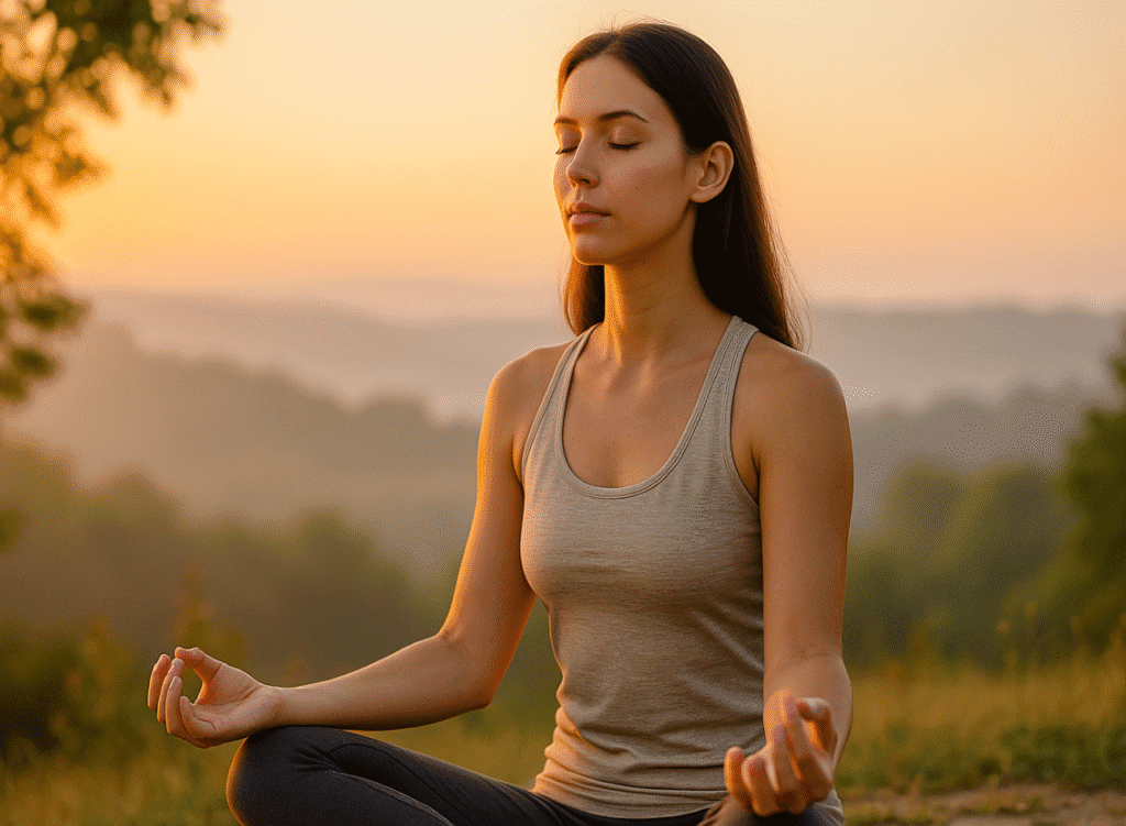 Mulher jovem praticando yoga pela manhã