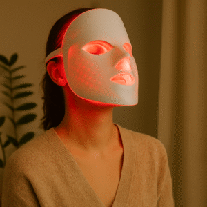 mulher usando máscara facial de terapia com luz vermelha em momento de relaxamento e reconexão com a mente e o corpo