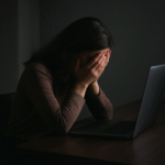 Mulher sentada sozinha em frente ao computador com expressão de exaustão e angústia, mãos no rosto, ambiente escuro e silencioso, transmitindo a solidão e a pressão emocional de quem sofre com fobia do trabalho.