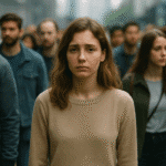 mulher jovem em um ambiente urbano, olhando para o horizonte com expressão de solidão e desconexão emocional, representando a solidão e falta de conexão humana