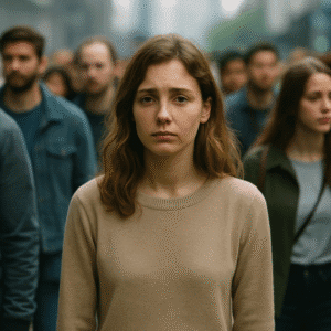 mulher jovem em um ambiente urbano, olhando para o horizonte com expressão de solidão e desconexão emocional, representando a solidão e falta de conexão humana