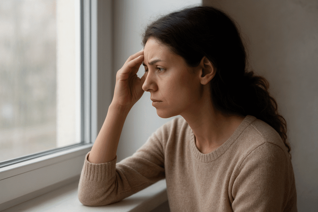 mulher pensativa olhando pela janela, refletindo sobre como sofrer por antecedência afeta a mente e o corpo